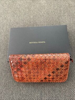 Bottega Veneta Orange  and Brown Woven Python Zip Wallet